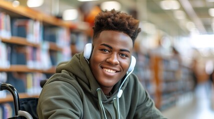 Smiling Student with Headphones in Library