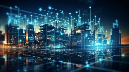 Obraz premium Modern factory, communication network. Telecommunication. IoT, Internet of Things, ICT, Information communication Technology,. Smart factory. Digital transformation, cloud connecting, generate by AI