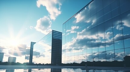 Modern office building or business center. High-rise window buildings made of glass reflect the clouds and the sunlight. empty street outside  wall modernity civilization. growing up business - obrazy, fototapety, plakaty