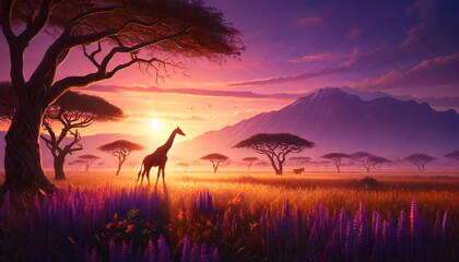 An African savannah scene at sunset. The composition should include a tall giraffe standing in the foreground