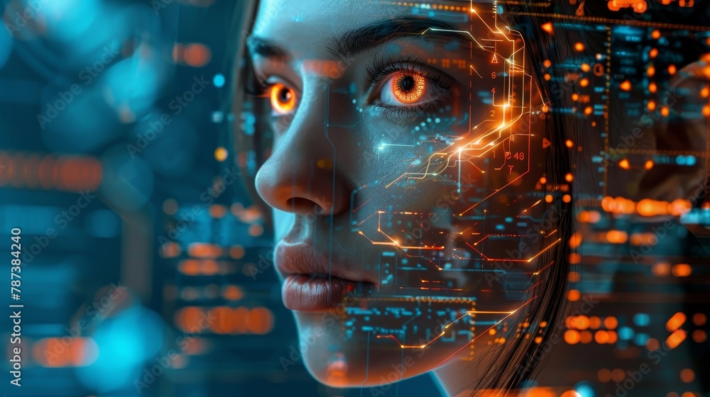 Poster a woman's face is shown in a computer generated image with a glowing orange eye. the image is a repr