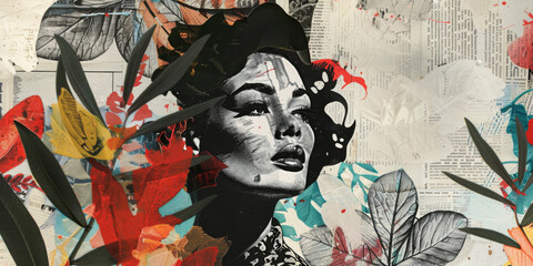 Abstract Floral Collage with Vintage Female Portrait