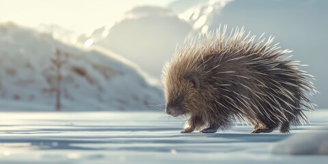 Obraz premium Majestic porcupine makes its way through the snowy wilderness, radiating calmness and resilience