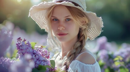 Blonde woman in white dress with lilac bouquet, wearing straw hat   portrait with blurred background