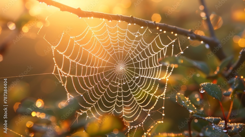 Poster a spider web is shown in the image, with a sun shining on it. the web is very intricate and has a lo
