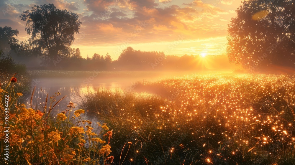 Poster a field of grass with a river running through it. the sun is setting and the sky is orange