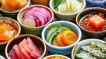 A colorful array of Japanese pickles, featuring vegetables like radish, cucumber, and eggplant, in a variety of hues, served in traditional ceramic bowls