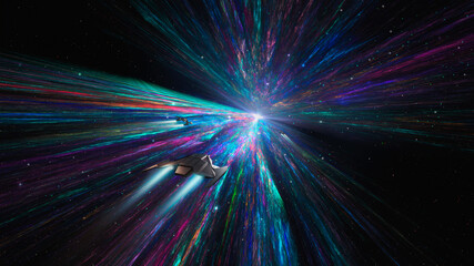 Spaceship flying on perspective colorful nebula. Speed, travel illustration, 3D rendering - 787384490