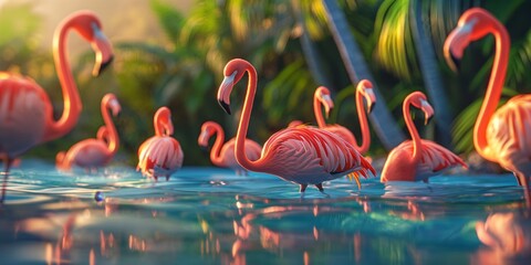A serene gathering of elegant flamingos, wading through tropical waters under a dappled sunlight canopy - obrazy, fototapety, plakaty