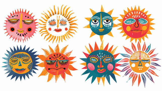 Colorful abstract Suns with faces. Pre-made cards. 