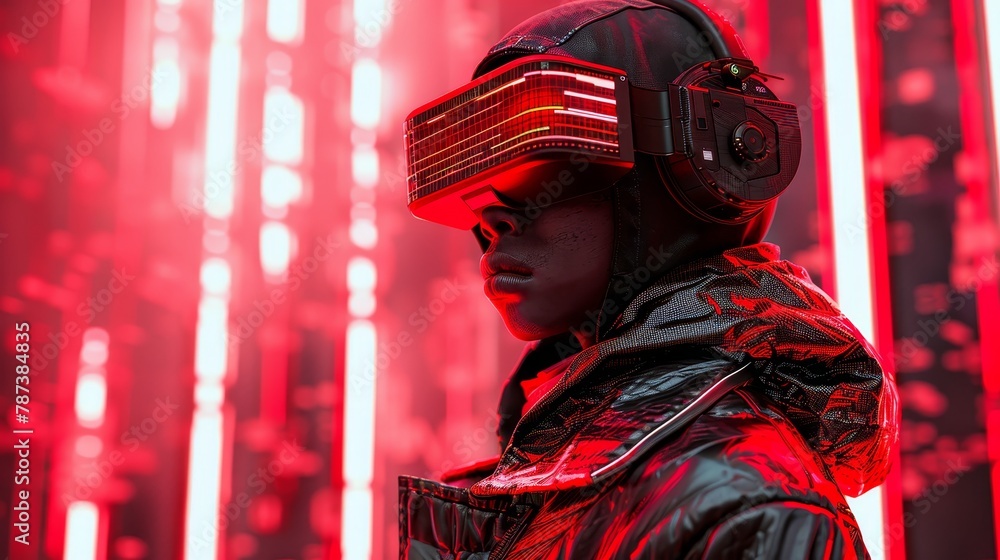 Poster a person wearing a black jacket and goggles stands in front of a red background. the scene is set in