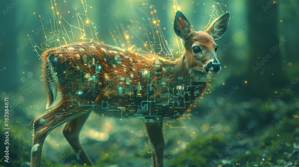 Poster a deer is standing in a forest with a green background. the deer is surrounded by a lot of trees and