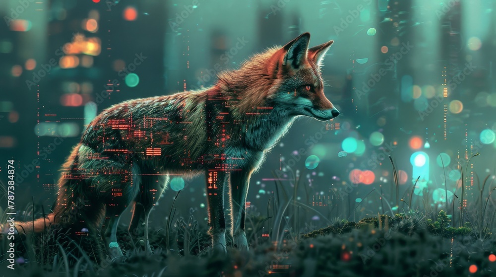 Poster a fox is standing in a field of grass with a city in the background. the image has a surreal and dre