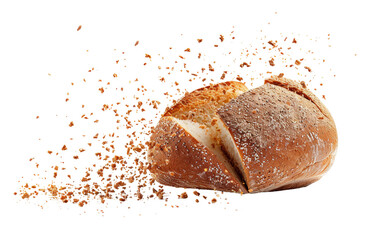 Crumbling Bread Loaf Scene , Bread Loaf with Crumbs Falling isolated on Transparent background.