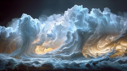 A stormy ocean with large, white clouds and a few small, yellow clouds. Scene is intense and dramatic, as the stormy weather creates a sense of power and chaos