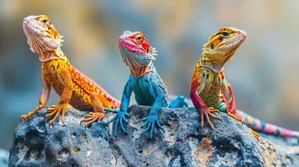 Vibrant bearded dragons basking on a rock