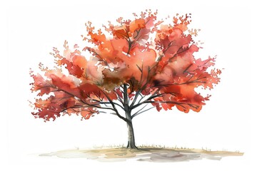 Maple tree watercolor, side aspect isolated on white, for garden and exterior scenes