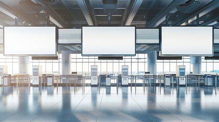A long horizontal empty advertising billboard mockup above multiple numbered checkin counters in a modern airport terminal departure area with blank white screens templates for arrival : Generative AI