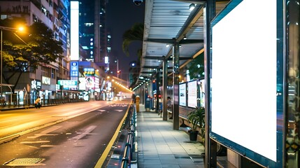 Obraz premium long led blank billboard white screen hang on high way road in city ad mockup copy space for advertising banner near bus stop in metropolis : Generative AI