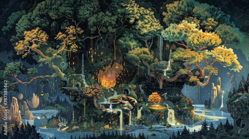 Poster a painting of a forest with a large tree in the center. the tree is surrounded by waterfalls and has