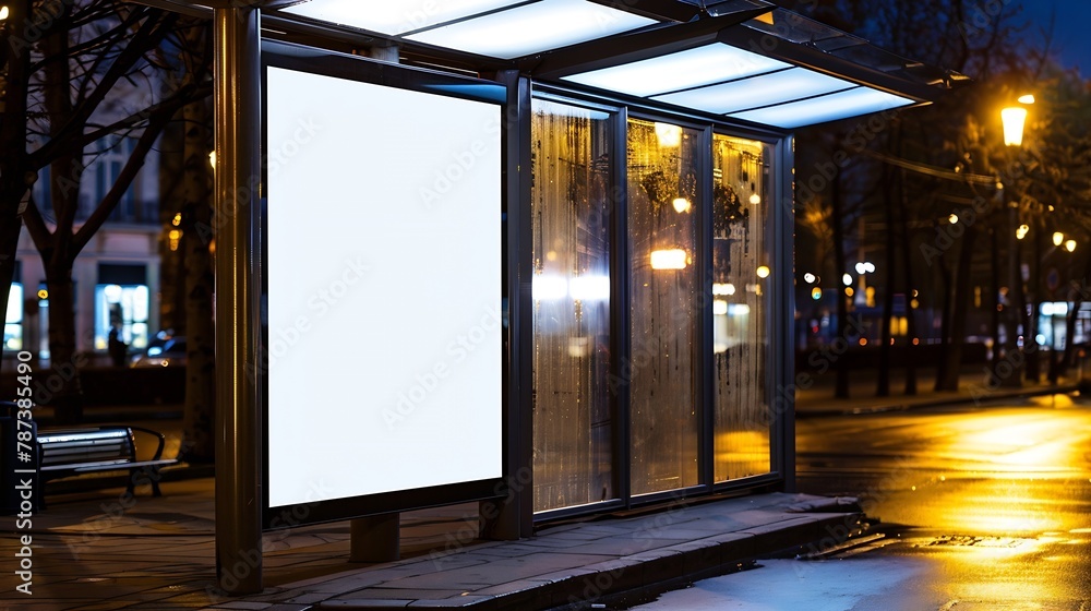 Poster bus shelter with blank ad panel billboard display empty white lightbox sign at bus stop billboard mo