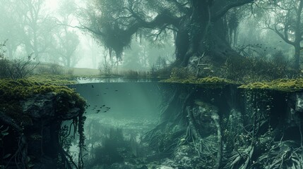 A forest scene with a pond in the middle. The pond is surrounded by trees and plants, and there are fish swimming in the water. Scene is peaceful and serene, with the natural beauty of the forest - obrazy, fototapety, plakaty