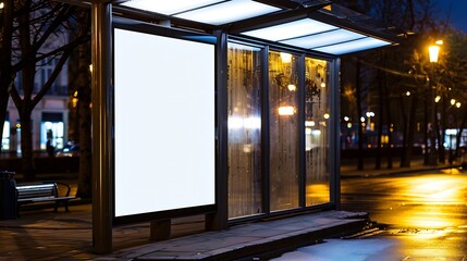 bus shelter with blank ad panel billboard display empty white lightbox sign at bus stop billboard mockup glass structure city transit station urban street park setting outdoor advertis : Generative AI