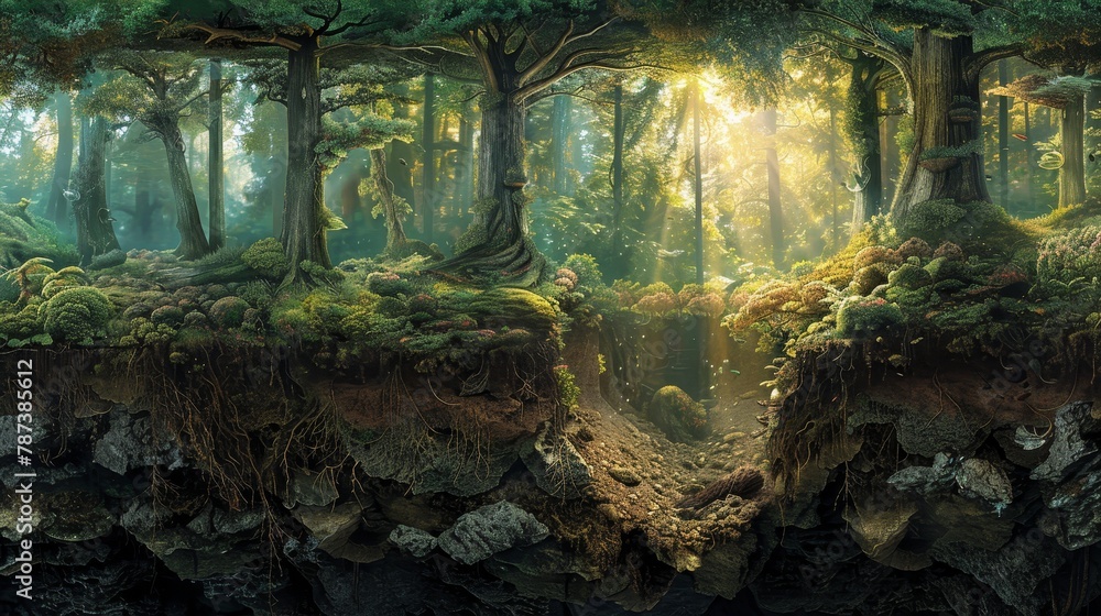 Poster a forest with a hole in the ground. the hole is surrounded by trees and plants. the sunlight is shin