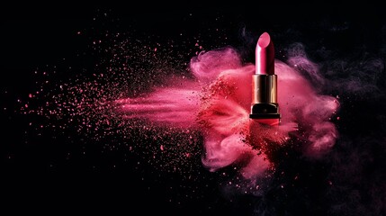 Explosive pink lipstick burst on a dark background - obrazy, fototapety, plakaty