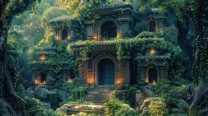 A lush green jungle with a large building in the middle. The building has a blue door and is surrounded by vines - obrazy, fototapety, plakaty