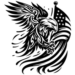 Fototapeta premium Eagle and American flag feature in a vector illustration for 4th July Independence Day