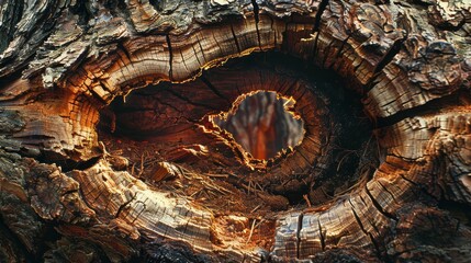 A tree trunk with a hole in it. The hole is surrounded by a dark brown ring. The image has a moody and mysterious feel to it
