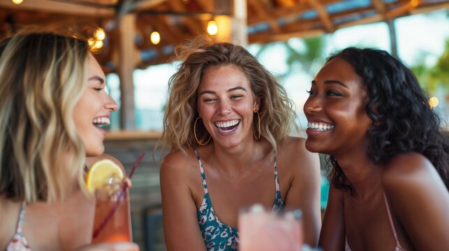 Joyful girlfriends enjoying drinks at beach bar.  Three diverse friends laughing and sharing a fun moment while drinking cocktails at a coastal bar