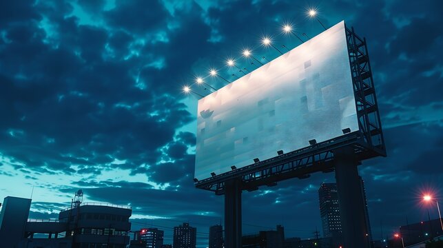 Large horizontal billboard in the night city Dark blue sky the lights of the lanterns go into the distance Mockup : Generative AI