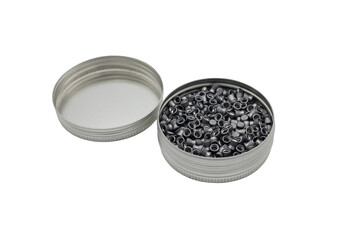 Detail of a can of 177 caliber or 4.5mm cup pellets. It is a round screw-on can with lead pellets...