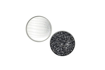 Top view of a can of 177 caliber or 4.5mm cup pellets. It is a round screw-on can with lead pellets for precision compressed air weapons. On white background