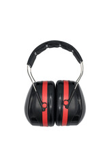 Side view of black hearing protection helmets with red line. Hearing protection for the shooting...