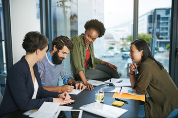 Diversity, teamwork and creativity in office for advertising career with meeting, collaboration and employees. Global team, discussion and unity at agency with content planning and event organization