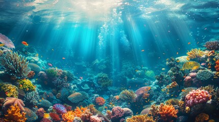 A beautiful underwater scene with a variety of colorful fish and coral. The sunlight is shining through the water, creating a serene and peaceful atmosphere