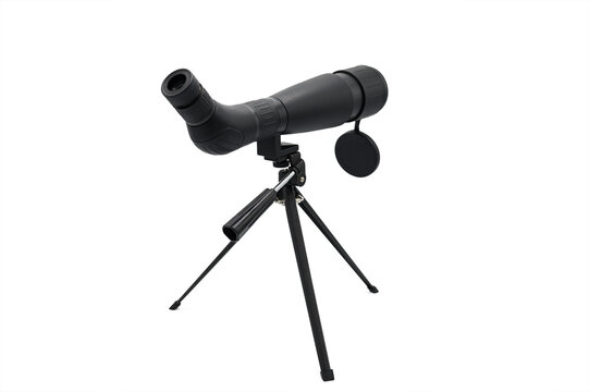 Rear view of small, lightweight spotting scope mounted on tripod. Used to view the dianba at the shooting range