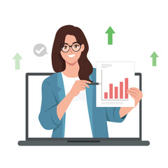 Young business woman giving business presentation and showing financial chart. Online mentoring. Flat vector illustration isolated on white background