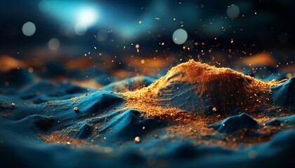 Background with sand, sparks and golden bokeh,futuristic design,lights on dark blue background with blurred bokeh background
