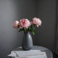Pink peonies in a gray vase on a white table with papers and a gray wall in the background