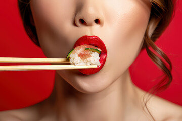 woman with red lipstick eating sushi with chopsticks