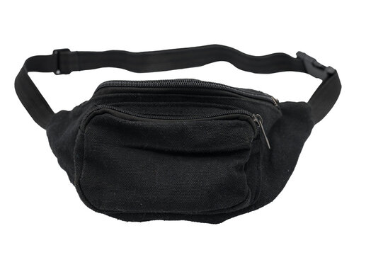 Detail of a black fanny pack on a white background. Basic and simple clothing