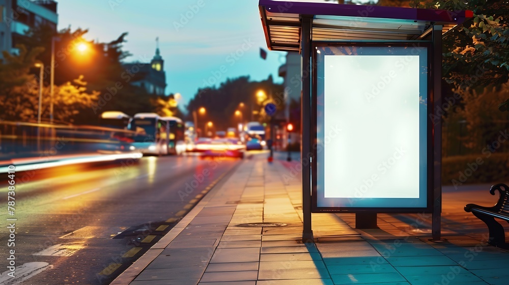 Poster vertical advertising poster mockup at empty bus stop shelter by main road outofhome ooh 6 sheet bill