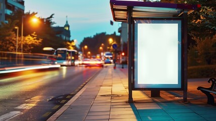 Vertical advertising poster mockup at empty bus stop shelter by main road Outofhome OOH 6 sheet billboard media display space in city : Generative AI