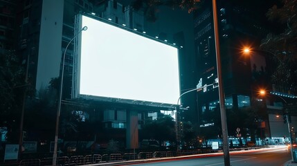 Blank white billboard on city buildings background at night front view Mockup advertising concept : Generative AI