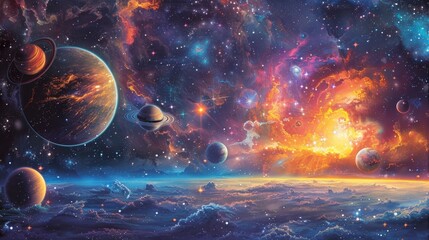 A colorful space scene with a large planet in the center and several smaller planets surrounding it. The sky is filled with clouds and stars, creating a sense of wonder and awe
