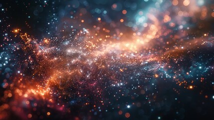 A bright orange and blue galaxy with many stars. The stars are scattered throughout the galaxy and are of different sizes. The galaxy is full of light and energy, giving it a sense of wonder